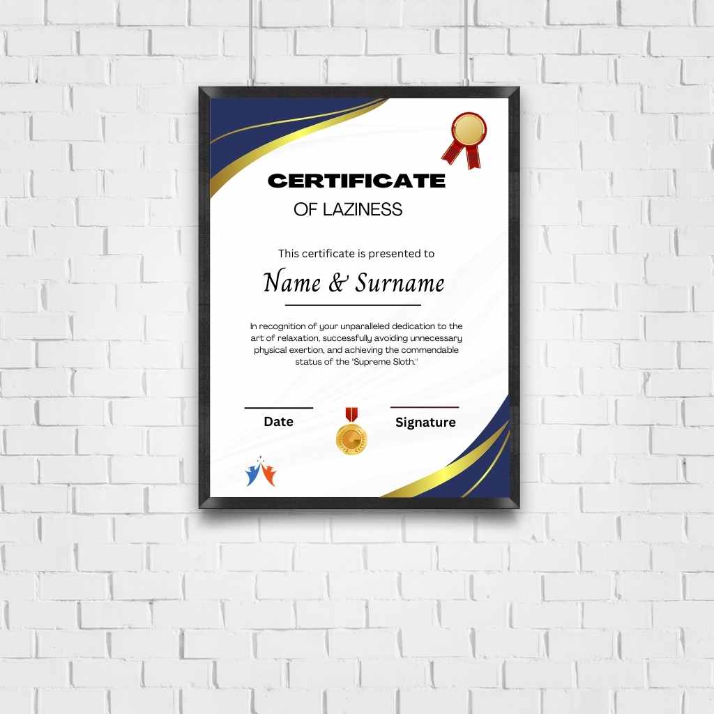Certificate of Laziness Personalized Photo Frame (A4)